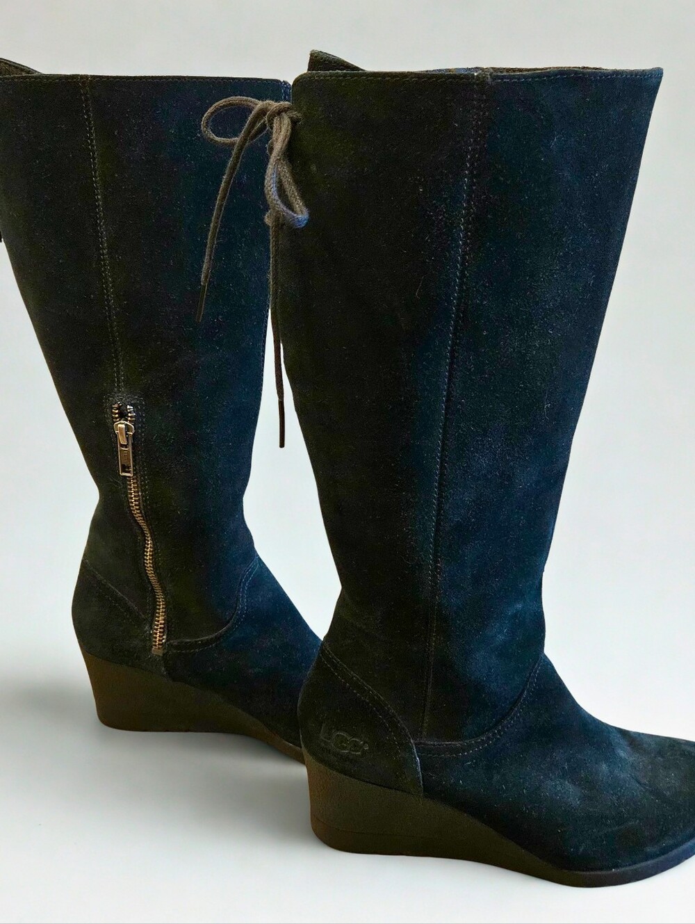 UGG Black Suede Wedge Knee-High Boots with Back Tie